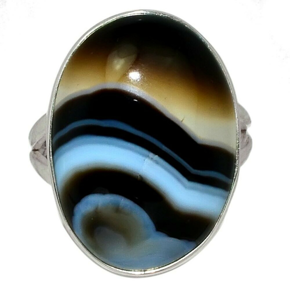 Banded Agate Ring, Sterling Silver, Botswana Agate, Black  Black Botswana Agate Ring Solid 925 Sterling Silve